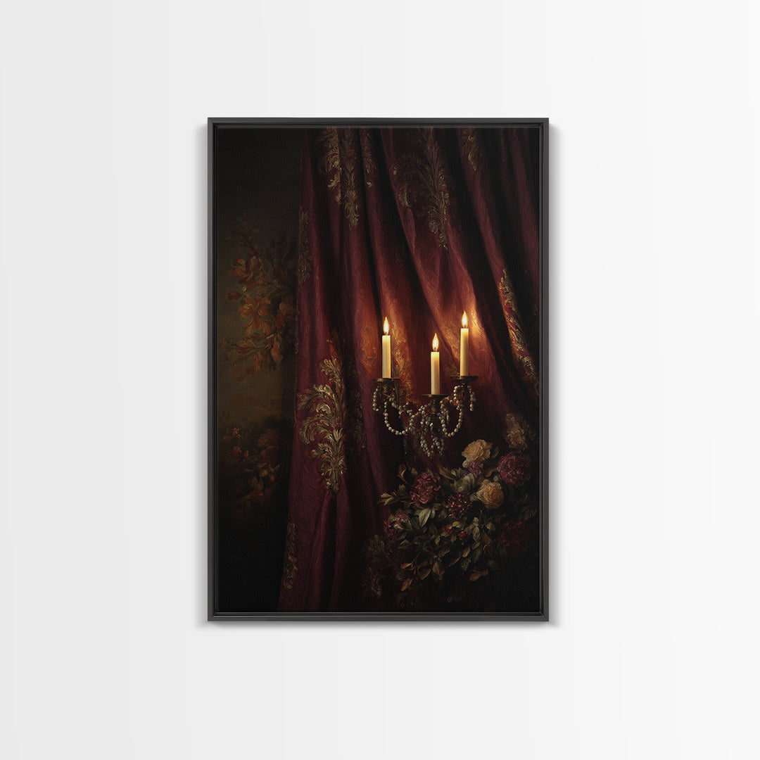 Velvet Drapery with Pearls Flowers and Candlelight Canvas Print, Baroque Art, Portrait Painting, Living Room Decor, Ornate, BAO-2x3-35