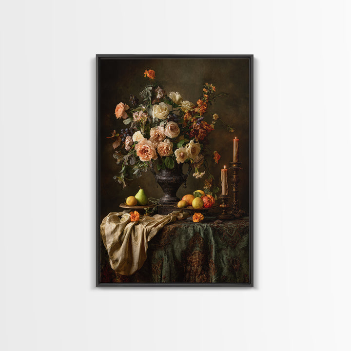 Dark Floral Arrangement Framed Canvas Print, Baroque Art, Decor, Living Room Decor, Fine Art, Ornate, Moody Wall Art, BAO-2x3-36