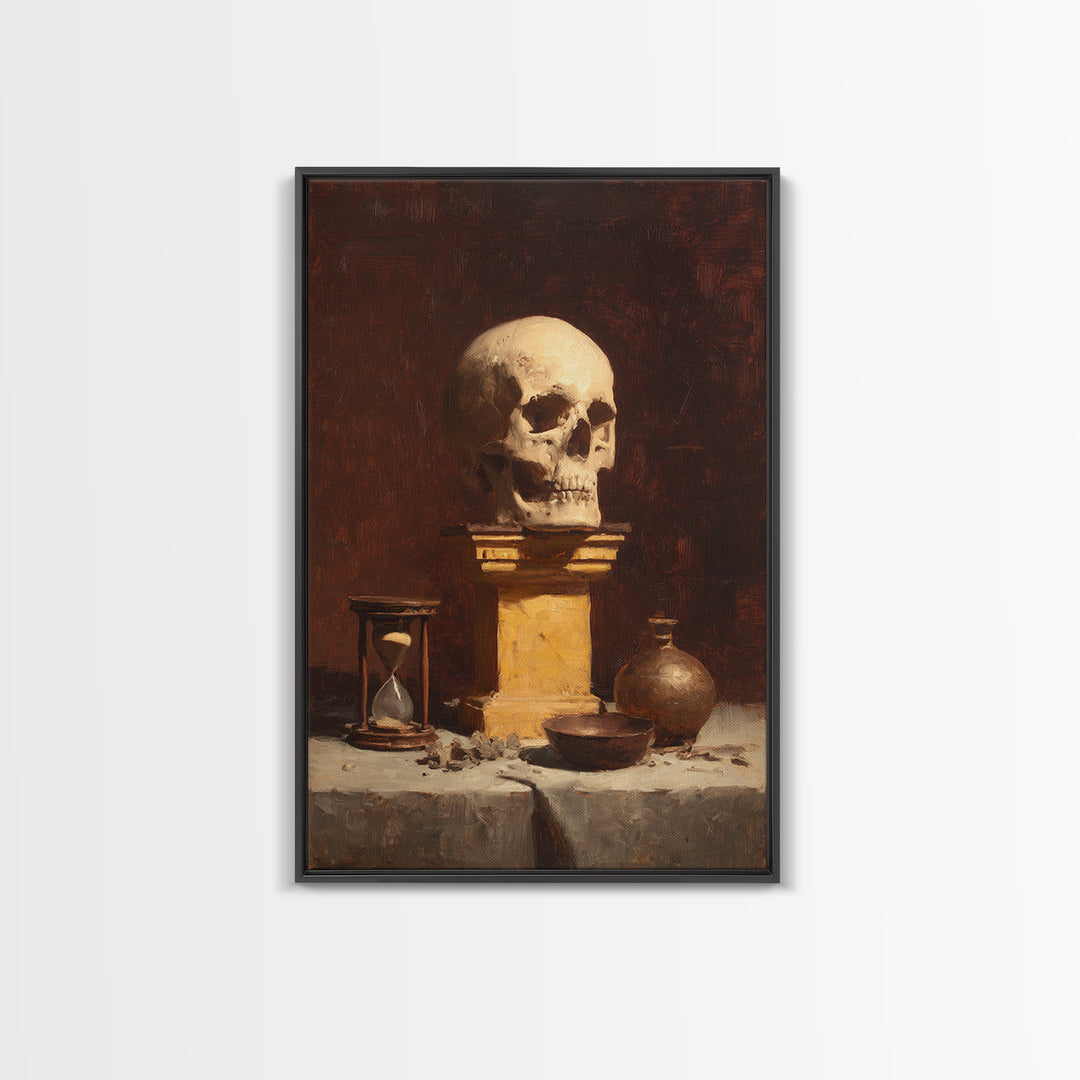 Skull and Hourglass Vanitas Still Life Framed Canvas Print, Baroque Art, Neutral Decor, Living Room Decor, Fine Art, Ornate, BAO-2x3-37