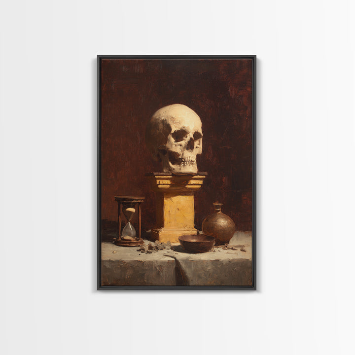 Skull and Hourglass Vanitas Still Life Framed Canvas Print, Baroque Art, Neutral Decor, Living Room Decor, Fine Art, Ornate, BAO-2x3-37