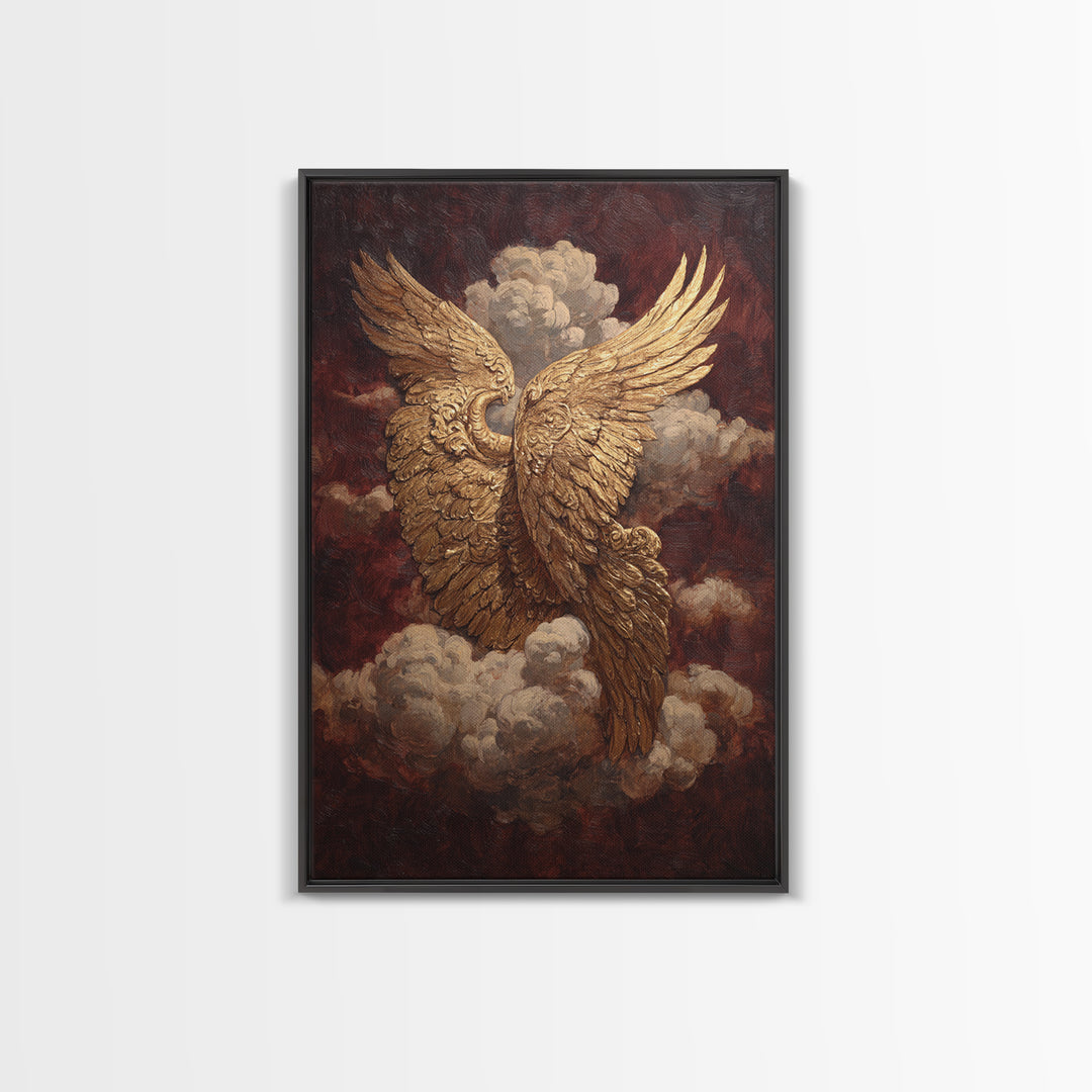 Gilded Angel Wings Emerging from Storm Clouds Framed Canvas Print, Baroque Art, Modern Decor, Living Room Decor, Ornate, BAO-2x3-38
