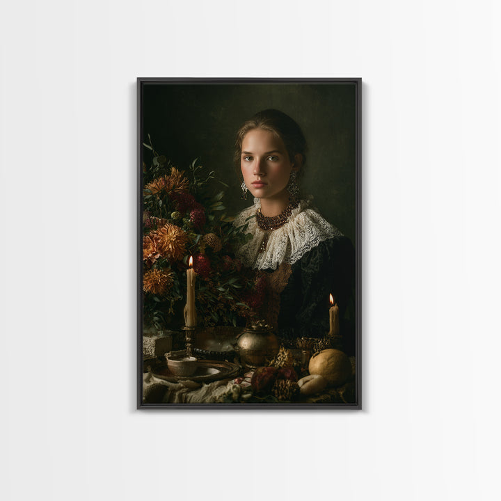Classical Portrait with Lace Collar and Jewel Canvas Print, Baroque Art, Gallery Wall, Living Room Decor, Oil Painting, Ornate, BAO-2x3-39
