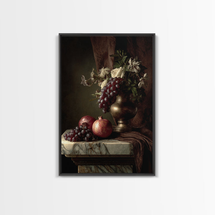 Pomegranate and Grapes on a Marble Ledge Canvas Print, Baroque Art, Moody Wall Art, Living Room Decor, Fine Art, Ornate, BAO-2x3-40