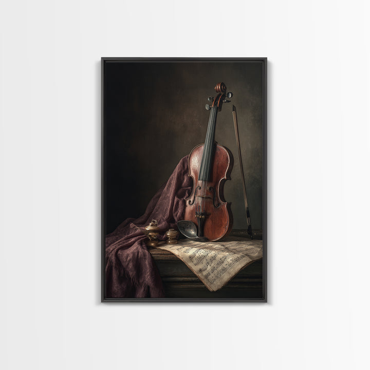 Baroque Violin and Sheet Music Still Life Framed Canvas Print, Baroque Art, Dark Academia Art, Living Room Decor, Ornate, BAO-2x3-43