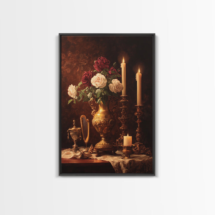 Golden Harp and Roses Canvas Print, Baroque Art, Gallery Decor, Living Room Decor, Fine Art, Ornate, Minimalist Decor, BAO-2x3-50