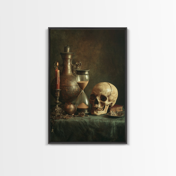 Skull and Hourglass Vanitas Still Life Canvas Print, Baroque Art, Luxury Decor, Living Room Decor, Ornate, Oil Painting, BAO-2x3-61