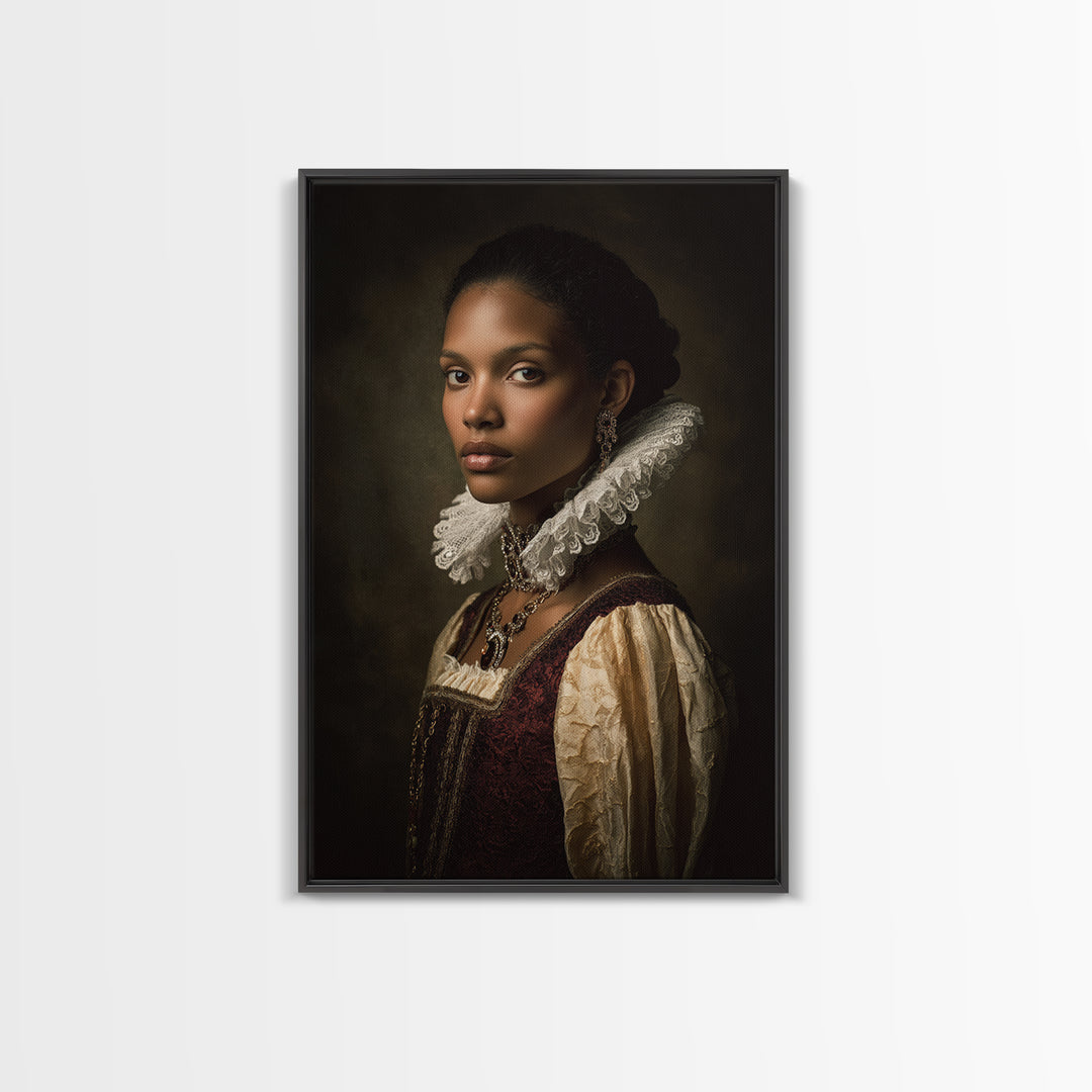 Classical Portrait with Lace Collar and Jewel Framed Canvas Print, Baroque Art, Feminist Art, Living Room Decor, Ornate, BAO-2x3-63