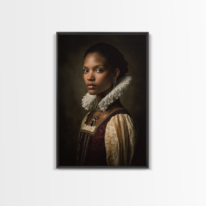 Classical Portrait with Lace Collar and Jewel Framed Canvas Print, Baroque Art, Feminist Art, Living Room Decor, Ornate, BAO-2x3-63