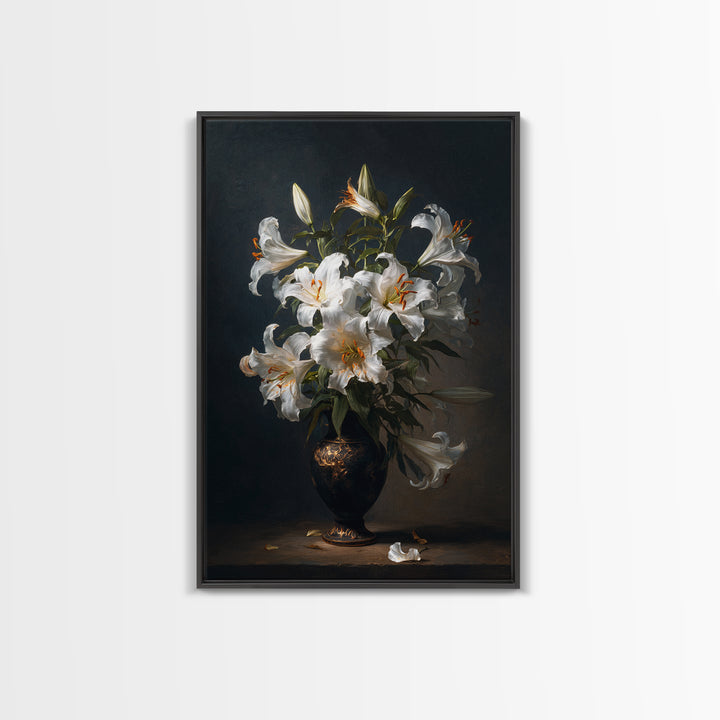 Dramatic White Lilies Framed Canvas Print, Baroque Art, Modern Decor, Living Room Decor, Fine Art, Ornate, Poster, Painting, BAO-2x3-68