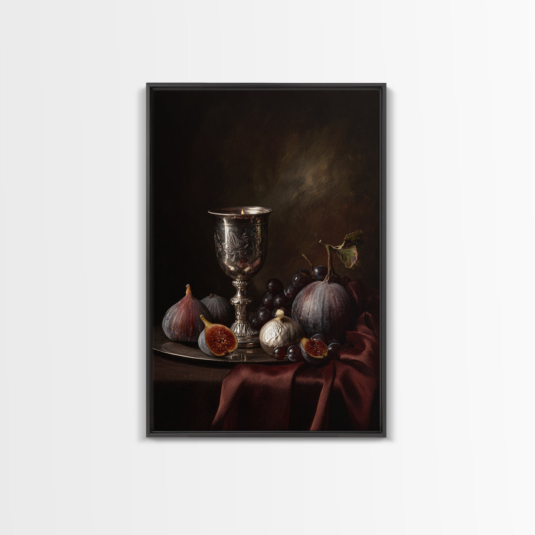 Candlelit Table with Silver Goblet and Figs Framed Canvas Print, Baroque Art, Room Decor, Living Room Decor, Fine Art, Ornate, BAO-2x3-69