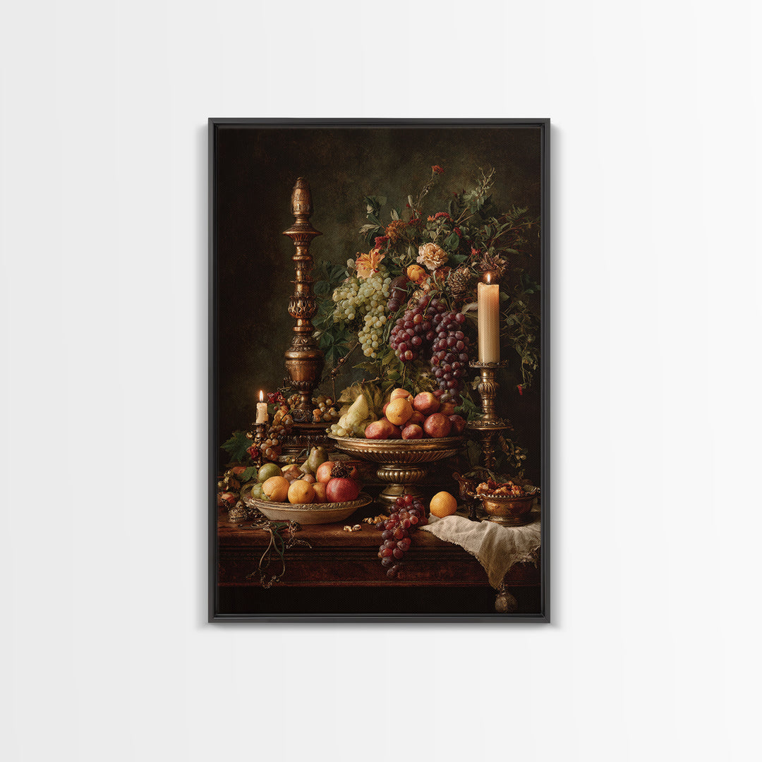 Lavish Banquet Fruit Composition Framed Canvas Print, Baroque Art, Textured Painting, Living Room Decor, Fine Art, Ornate, BAO-2x3-76