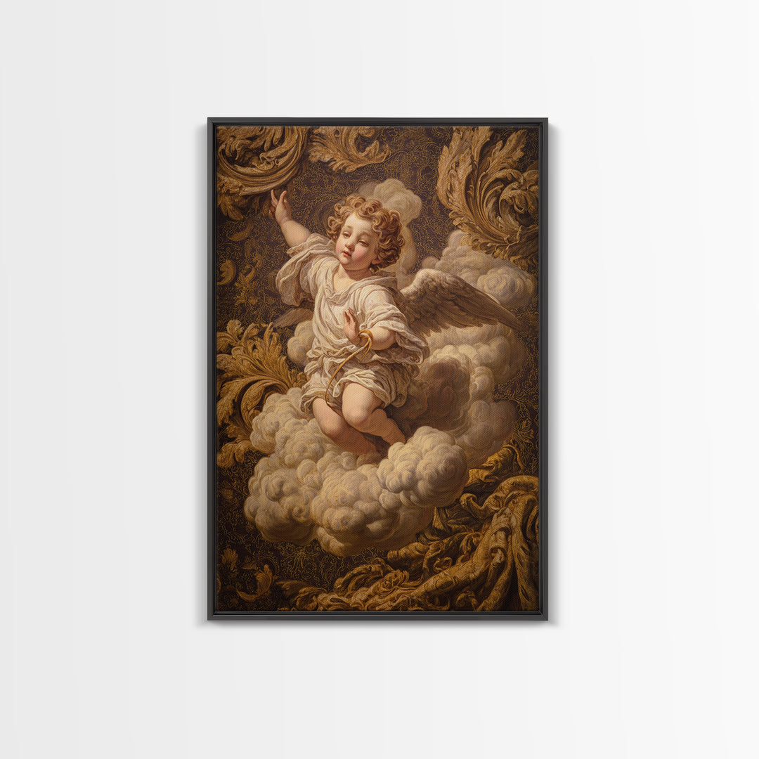 Ornate Cherub Figure Surrounded by Clouds and Canvas Print, Baroque Art, Luxury Decor, Living Room Decor, Fine Art, Ornate, BAO-2x3-82