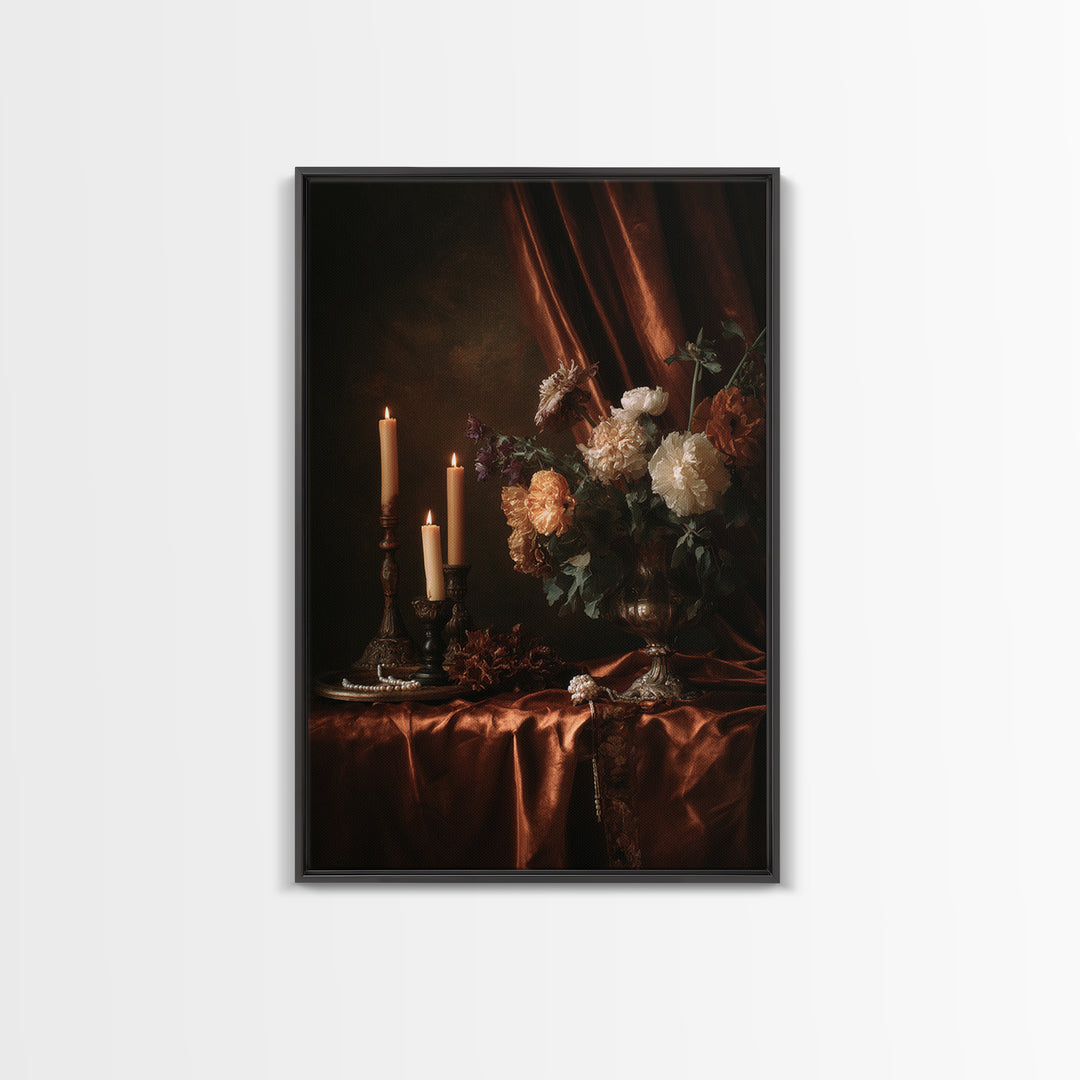 Velvet Drapery with Pearls Flowers and Candlelight Framed Canvas Print, Baroque Art, Boho Decor, Living Room Decor, Ornate, BAO-2x3-83