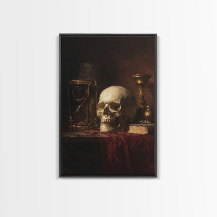 Skull and Hourglass Vanitas Still Life Framed Canvas Print, Baroque Art, Contemporary Art, Living Room Decor, Fine Art, Ornate, BAO-2x3-85