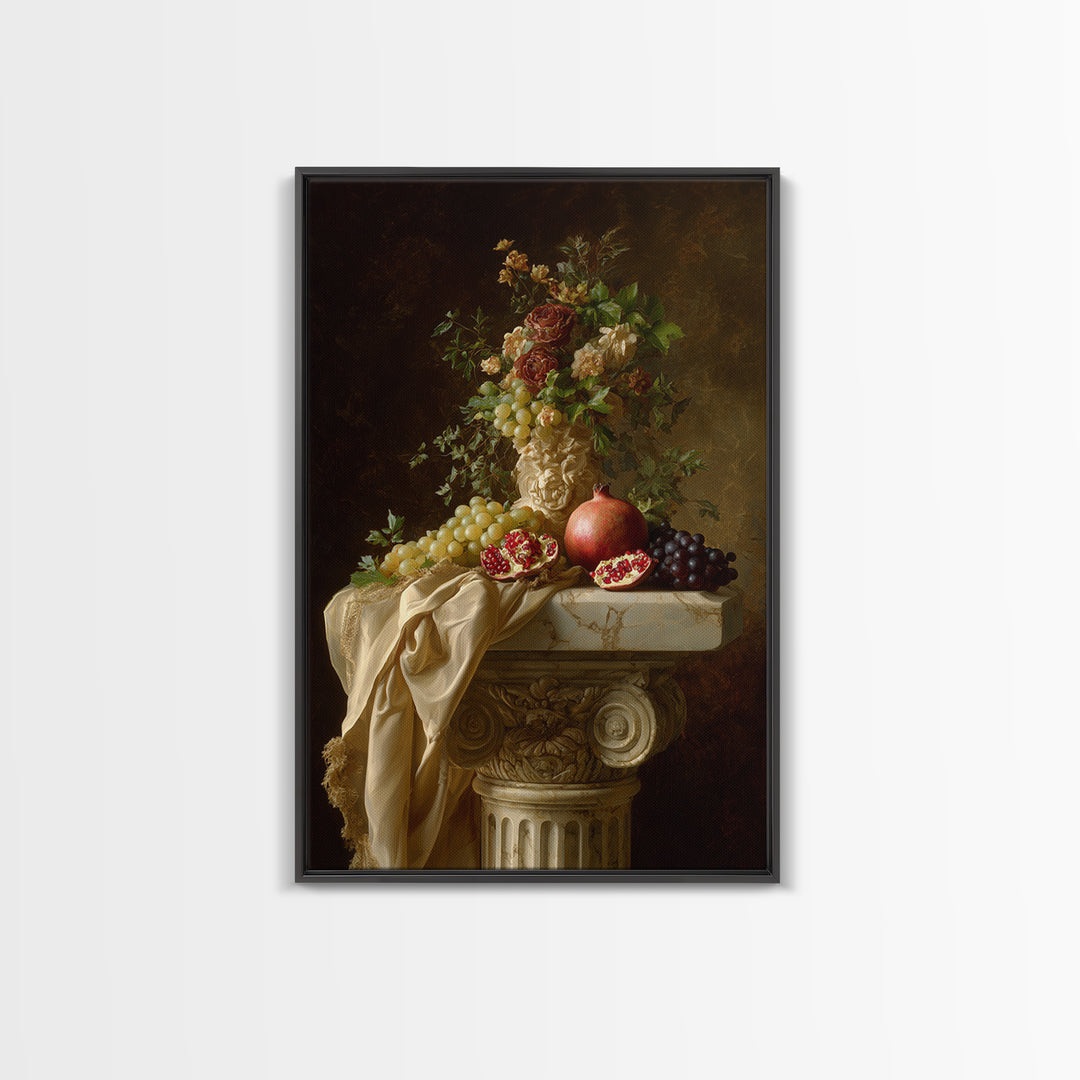 Pomegranate and Grapes on a Marble Ledge Framed Canvas Print, Baroque Art, Neutral Decor, Living Room Decor, Fine Art, Ornate, BAO-2x3-88