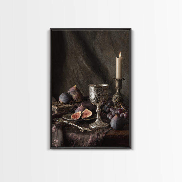 Candlelit Table with Silver Goblet and Figs Framed Canvas Print, Baroque Art, Room Decor, Living Room Decor, Fine Art, Ornate, BAO-2x3-93