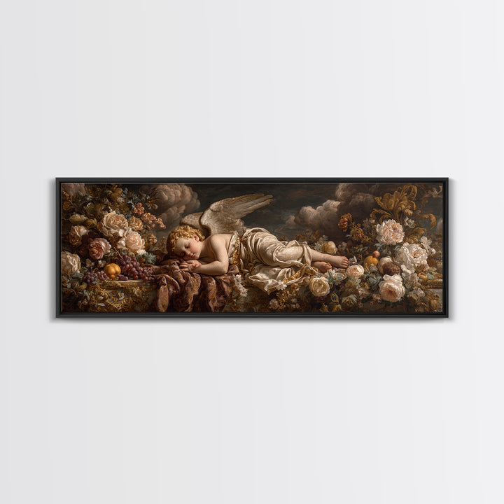 Ornate Cherub Figure Surrounded by Clouds and Framed Canvas Print, Baroque Art, Contemporary Art, Living Room Decor, Ornate, BAO-3x1-18