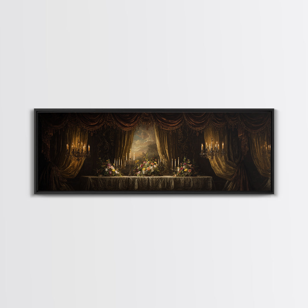 Velvet Drapery with Pearls Flowers and Candlelight Canvas Print, Baroque Art, Baroque, Living Room Decor, Watercolor Art, BAO-3x1-19