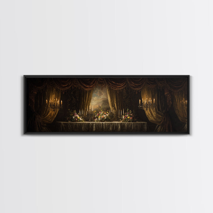 Velvet Drapery with Pearls Flowers and Candlelight Canvas Print, Baroque Art, Baroque, Living Room Decor, Watercolor Art, BAO-3x1-19