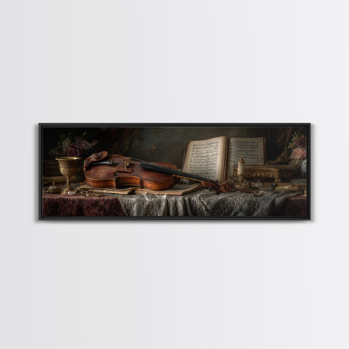 Baroque Violin and Sheet Music Still Life Framed Canvas Print, Baroque Art, Home Decor, Living Room Decor, Fine Art, Ornate, BAO-3x1-27