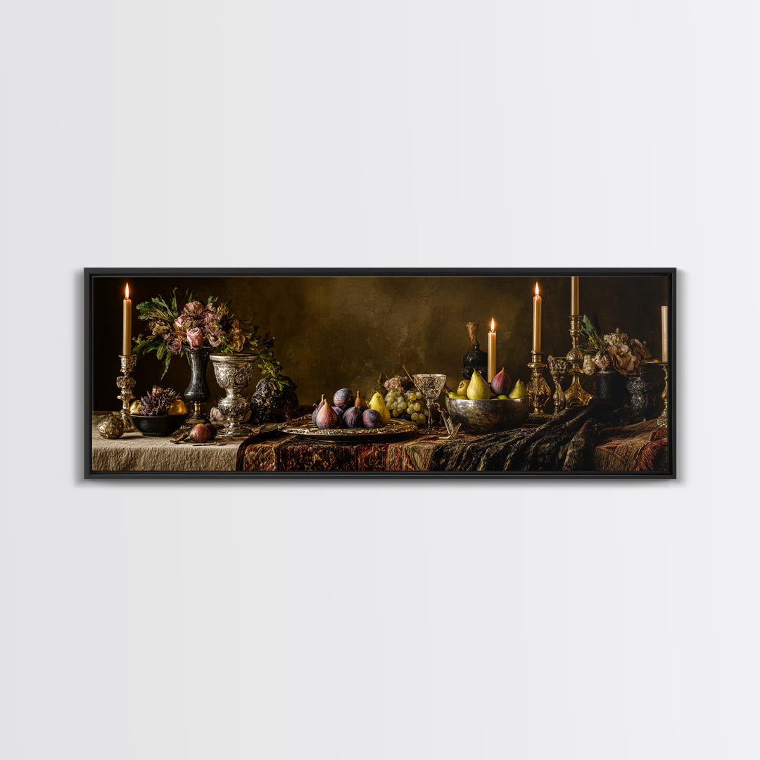 Candlelit Table with Silver Goblet and Figs Canvas Print, Baroque Art, Poster, Living Room Decor, Oil Painting, Ornate, BAO-3x1-29