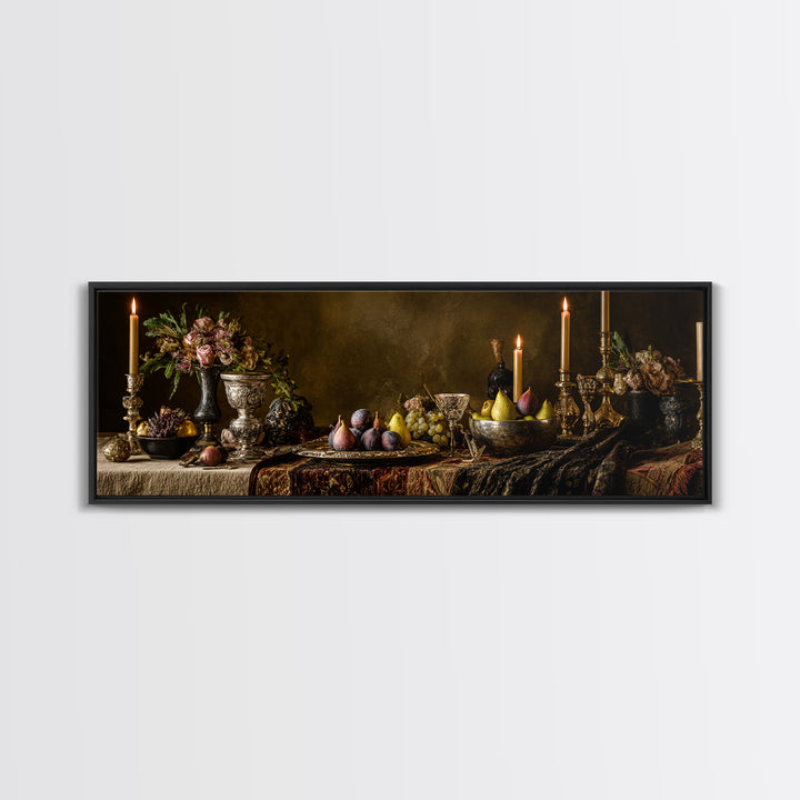 Candlelit Table with Silver Goblet and Figs Canvas Print, Baroque Art, Poster, Living Room Decor, Oil Painting, Ornate, BAO-3x1-29