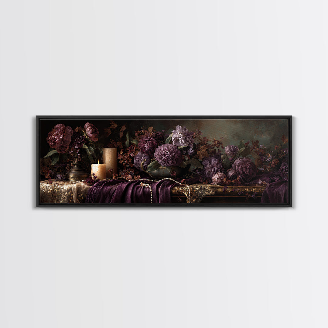Velvet Drapery with Pearls Flowers and Candlelight Canvas Print, Baroque Art, Art Print, Living Room Decor, Fine Art, Ornate, BAO-3x1-43