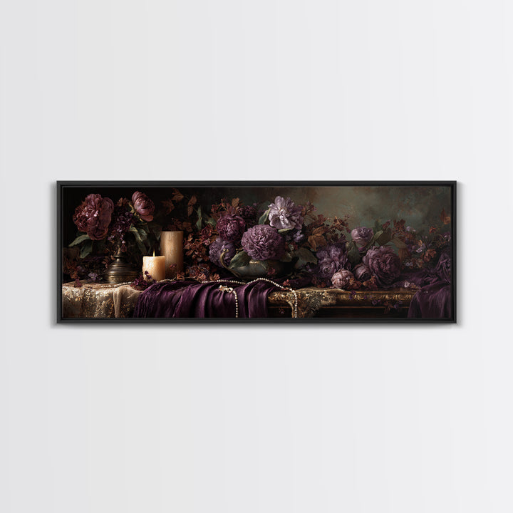 Velvet Drapery with Pearls Flowers and Candlelight Canvas Print, Baroque Art, Art Print, Living Room Decor, Fine Art, Ornate, BAO-3x1-43