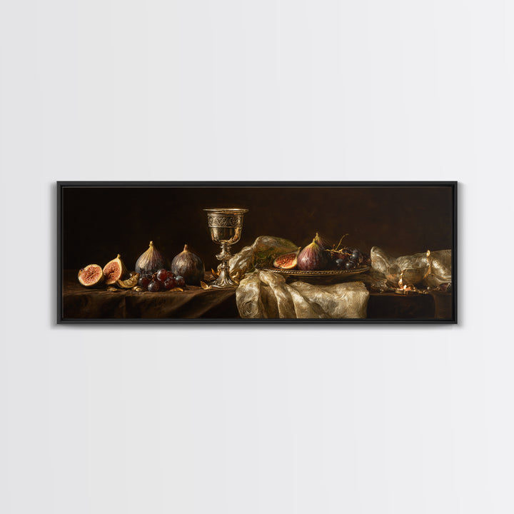 Candlelit Table with Silver Goblet and Figs Framed Canvas Print, Baroque Art, Oil Painting, Living Room Decor, Fine Art, Ornate, BAO-3x1-53