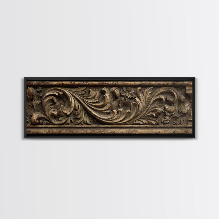 Carved Acanthus Leaf Ornament Study Framed Canvas Print, Baroque Art, Boho Decor, Living Room Decor, Oil Painting, Ornate, BAO-3x1-55