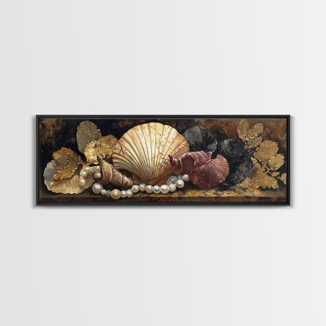 Ornamental Shell and Pearl Composition Canvas Print, Baroque Art, Gallery Wall, Living Room Decor, Oil Painting, Ornate, BAO-3x1-62