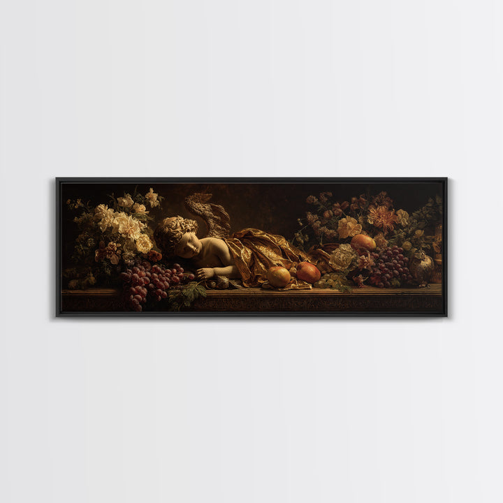 Ornate Cherub Figure Surrounded by Clouds and Canvas Print, Baroque Art, Living Room Decor, Oil Painting, Ornate, BAO-3x1-66