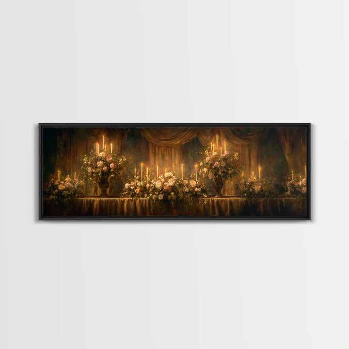 Velvet Drapery with Pearls Flowers and Candlelight Framed Canvas Print, Baroque Art, Wall Art, Living Room Decor, Ornate, BAO-3x1-67