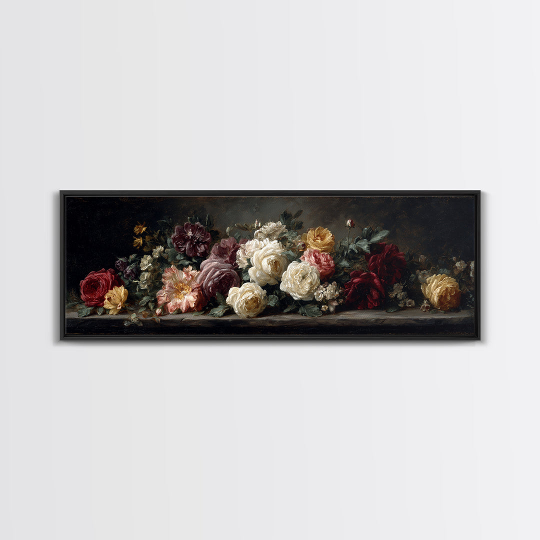Dark Floral Arrangement Framed Canvas Print, Baroque Art, Room Decor, Living Room Decor, Fine Art, Ornate, Digital Wall Art, BAO-3x1-68