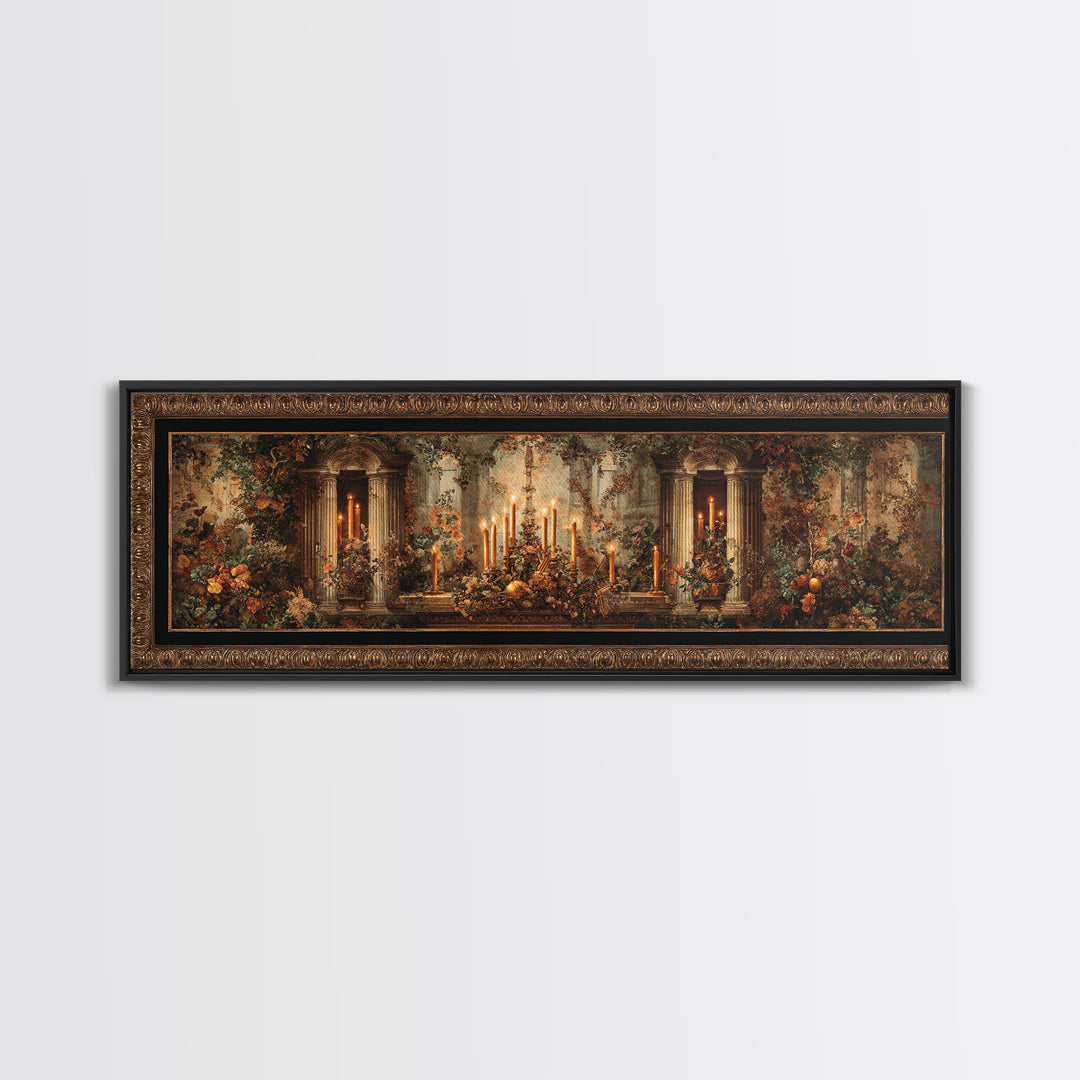 Ornate Gold Frame Illusion Around a Botanical Framed Canvas Print, Baroque Art, 3d Wall Art, Living Room Decor, Oil Painting, BAO-3x1-73