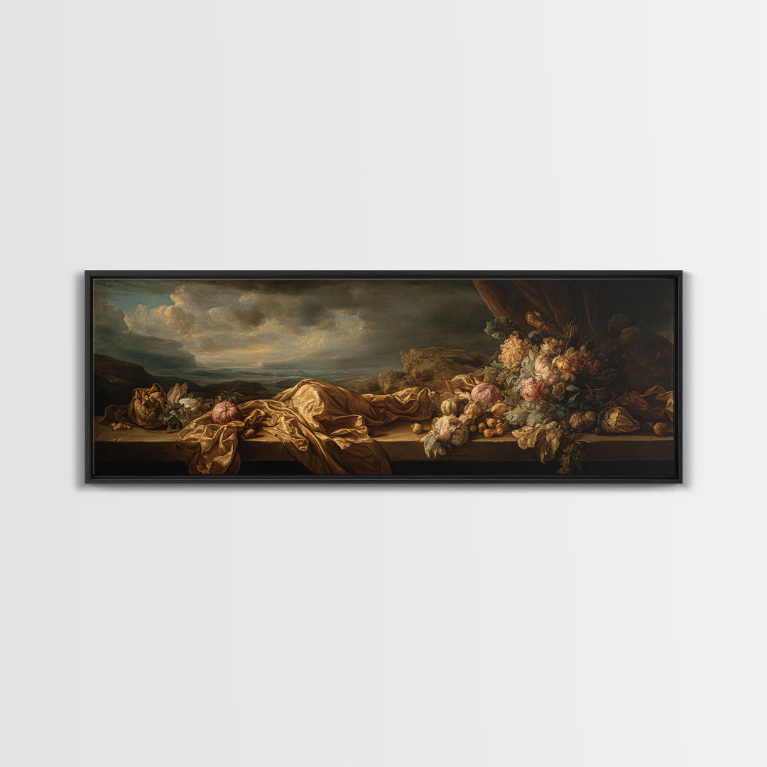 Theatrical Stormy Landscape Framed Canvas Print, Baroque Art, Oil Painting, Living Room Decor, Ornate, Eclectic Wall Art, BAO-3x1-74