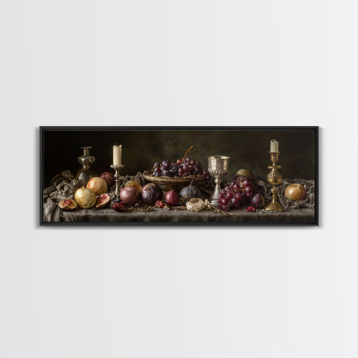 Candlelit Table with Silver Goblet and Figs Framed Canvas Print, Baroque Art, Oil Painting, Living Room Decor, Fine Art, Ornate, BAO-3x1-77