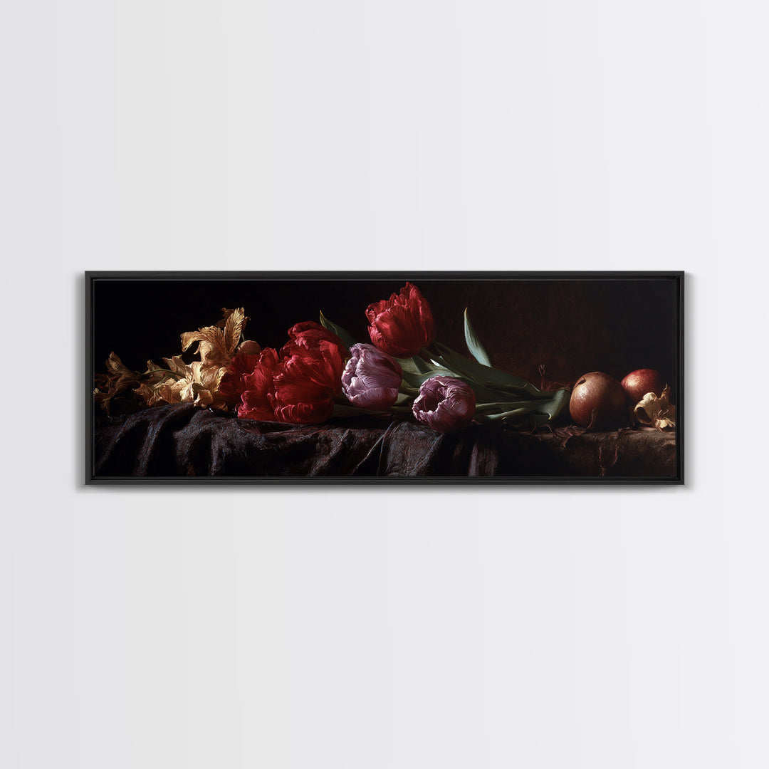 Black Background Tulips Canvas Print, Baroque Art, Gallery Wall, Living Room Decor, Ornate, Neutral Decor, Modern Decor, BAO-3x1-8