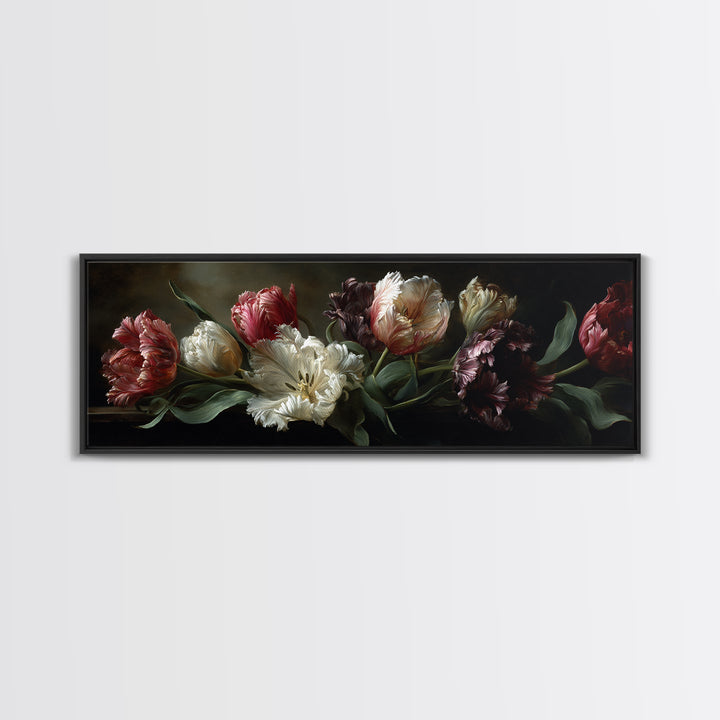 Black Background Tulips Canvas Print, Baroque Art, Minimalist Decor, Living Room Decor, Fine Art, Ornate, Whimsical Decor, BAO-3x1-80