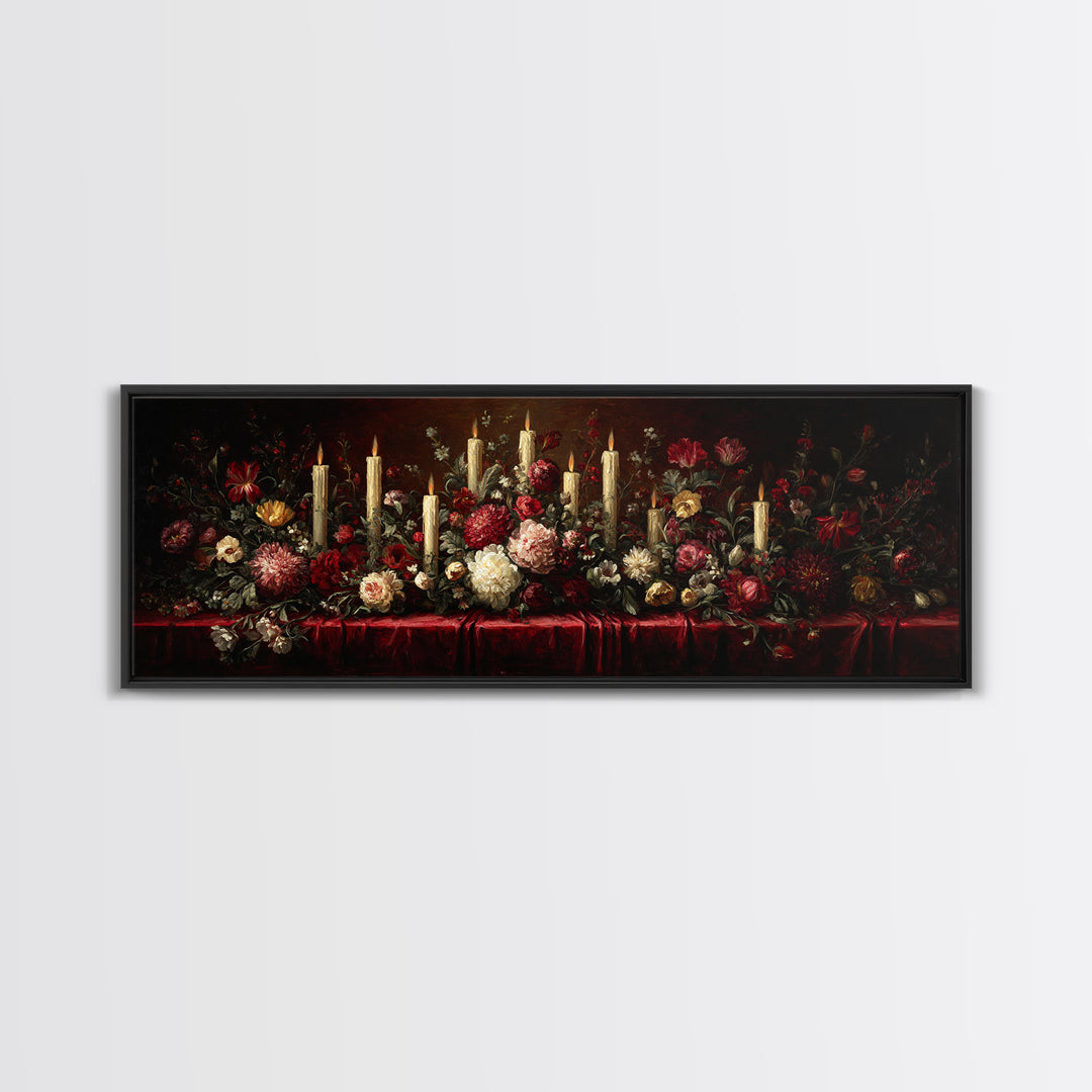 Velvet Drapery with Pearls Flowers and Candlelight Canvas Print, Baroque Art, Portrait Painting, Living Room Decor, Ornate, BAO-3x1-91
