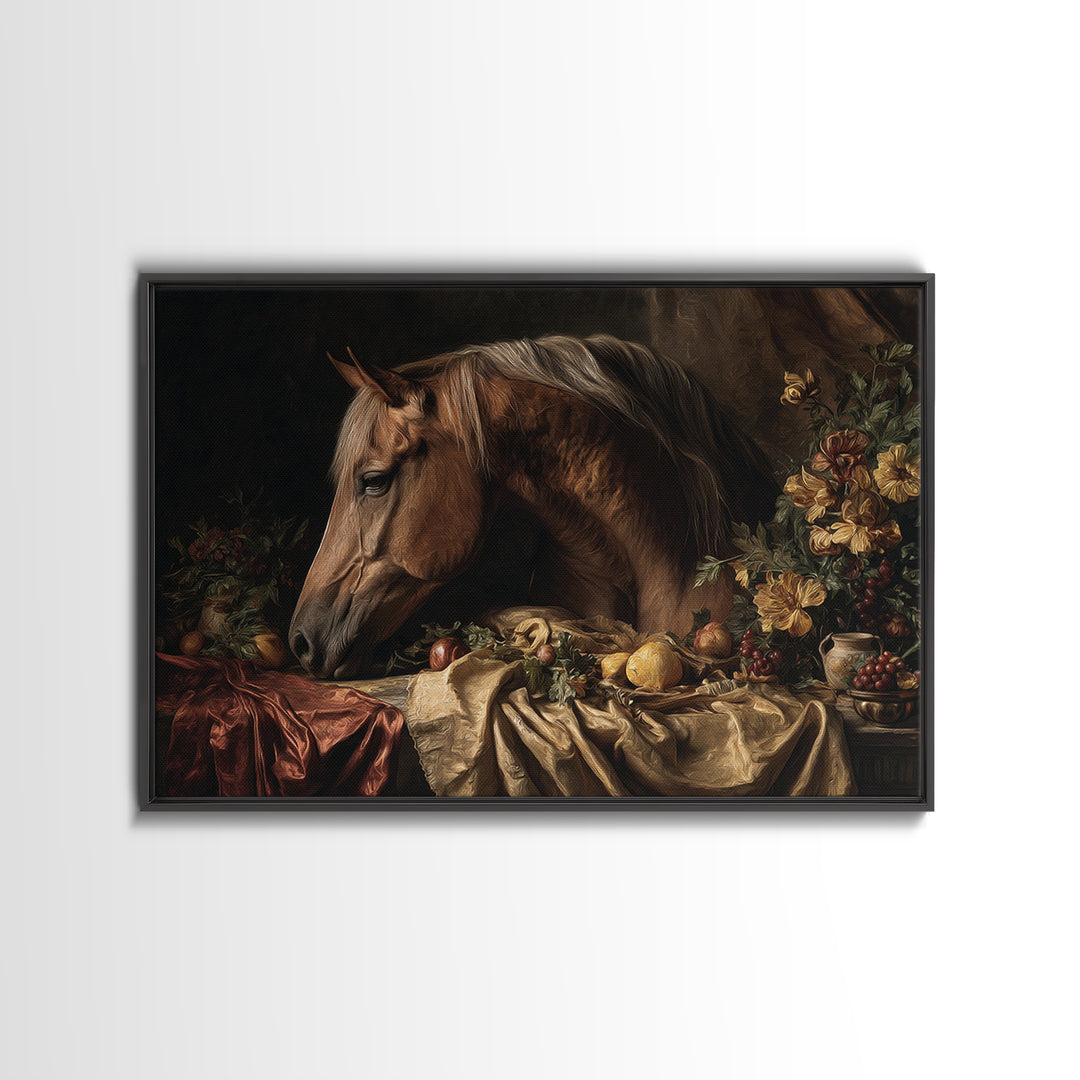 Dramatic Horse Portrait Framed Canvas Print, Baroque Art, Modern Wall Art, Living Room Decor, Oil Painting, Ornate, BAO-3x2-100