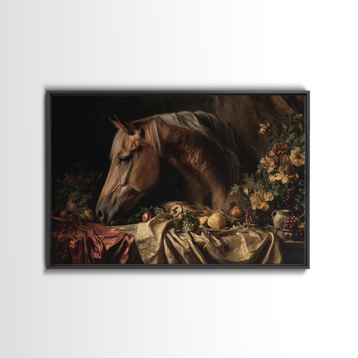 Dramatic Horse Portrait Framed Canvas Print, Baroque Art, Modern Wall Art, Living Room Decor, Oil Painting, Ornate, BAO-3x2-100