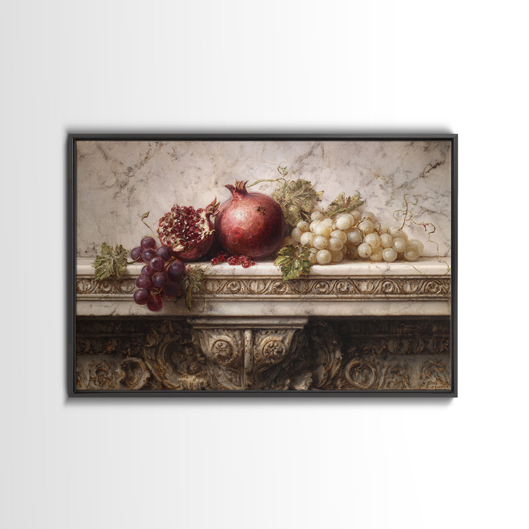 Pomegranate and Grapes on a Marble Ledge Canvas Print, Baroque Art, Luxury Decor, Living Room Decor, Fine Art, Ornate, BAO-3x2-12