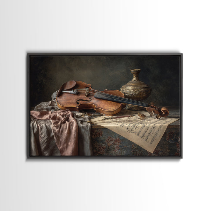 Baroque Violin and Sheet Music Still Life Framed Canvas Print, Baroque Art, Neutral Decor, Living Room Decor, Fine Art, Ornate, BAO-3x2-15
