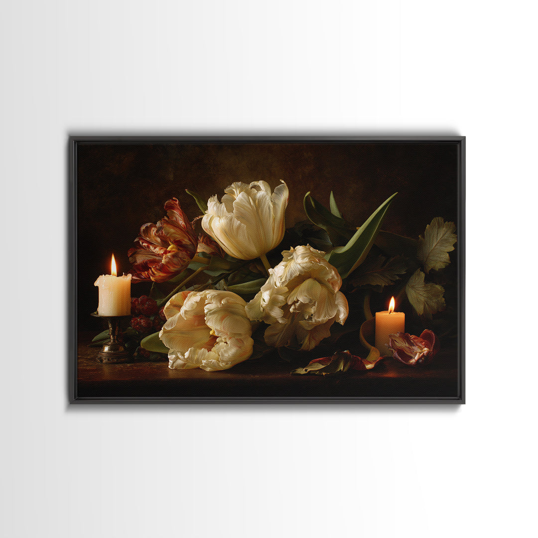 Black Background Tulips Framed Canvas Print, Baroque Art, Room Decor, Living Room Decor, Fine Art, Ornate, Digital Wall Art, BAO-3x2-20