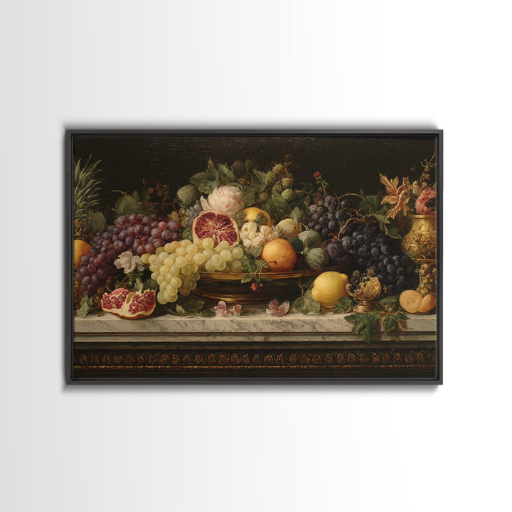 Lavish Banquet Fruit Composition Framed Canvas Print, Baroque Art, Textured Painting, Living Room Decor, Fine Art, Ornate, BAO-3x2-24