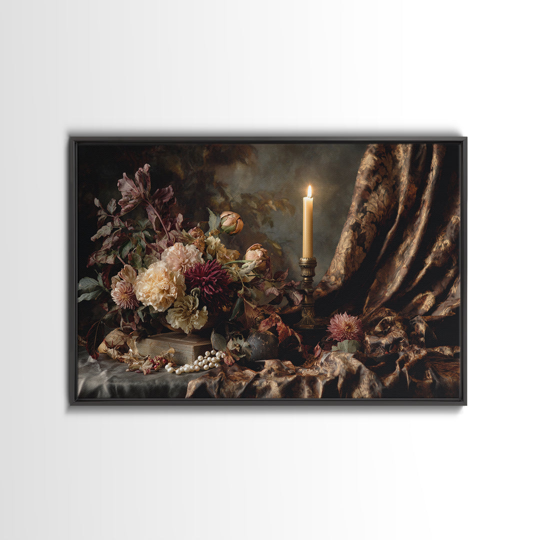 Velvet Drapery with Pearls Flowers and Candlelight Framed Canvas Print, Baroque Art, Painting, Living Room Decor, Ornate, BAO-3x2-31