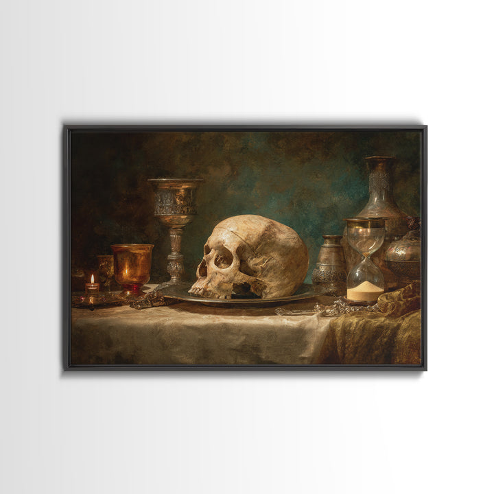 Skull and Hourglass Vanitas Still Life Canvas Print, Baroque Art, Printable Wall Art, Living Room Decor, Fine Art, Ornate, BAO-3x2-33