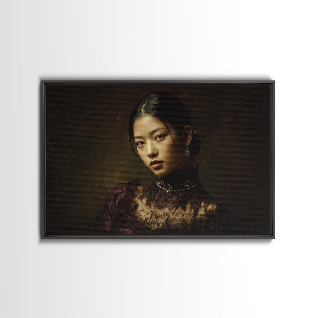Classical Portrait with Lace Collar and Jewel Framed Canvas Print, Baroque Art, Decor, Living Room Decor, Oil Painting, Ornate, BAO-3x2-35