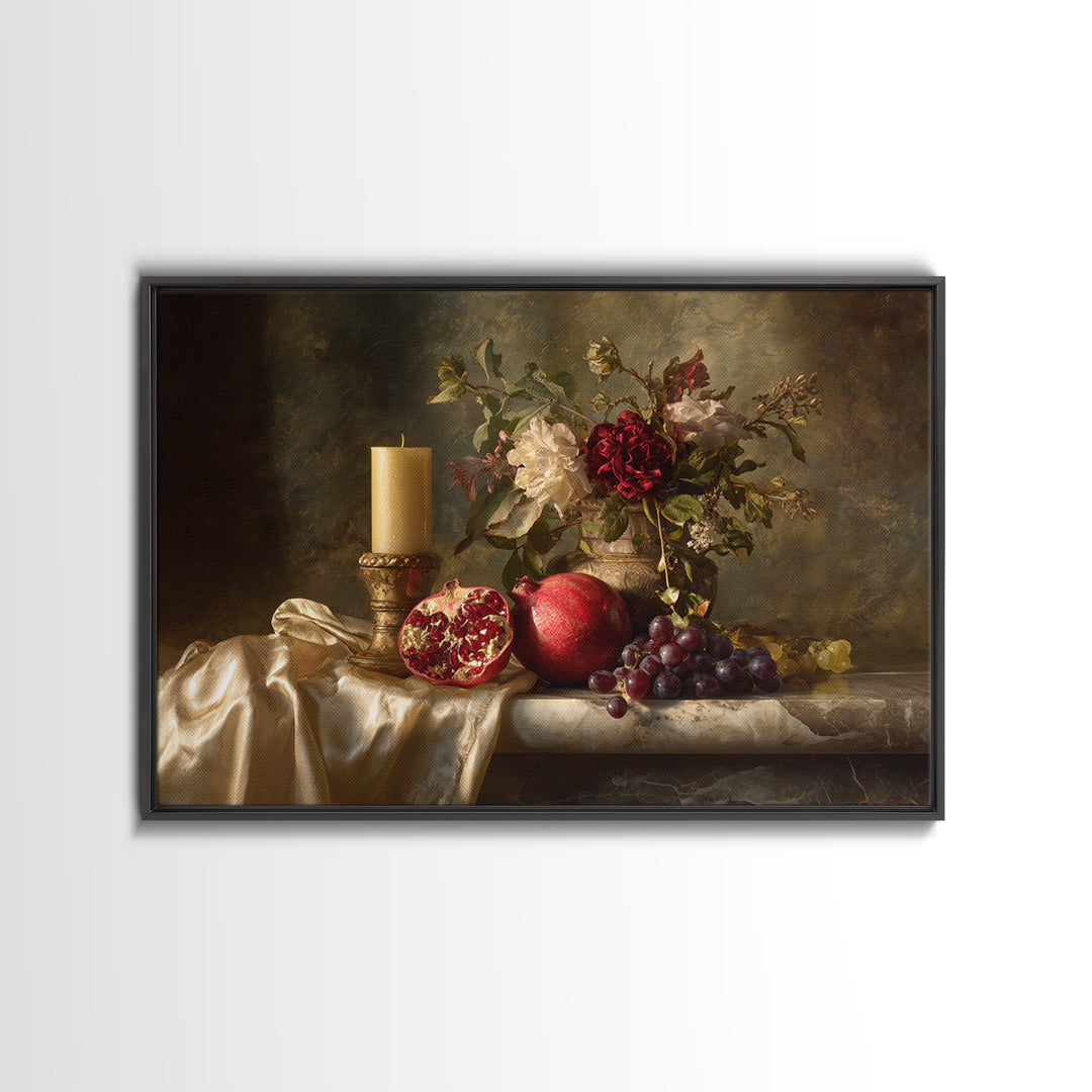 Pomegranate and Grapes on a Marble Ledge Framed Canvas Print, Baroque Art, Contemporary Art, Living Room Decor, Ornate, BAO-3x2-36